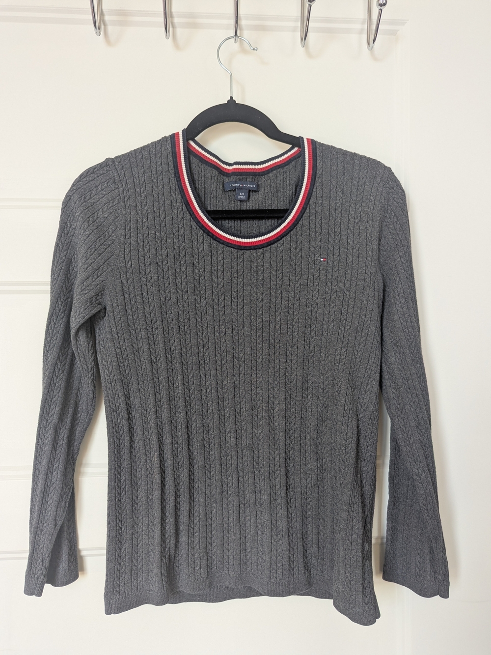Tommy Hilfiger Gray Cable Knit Crewneck with Red White Navy Trim